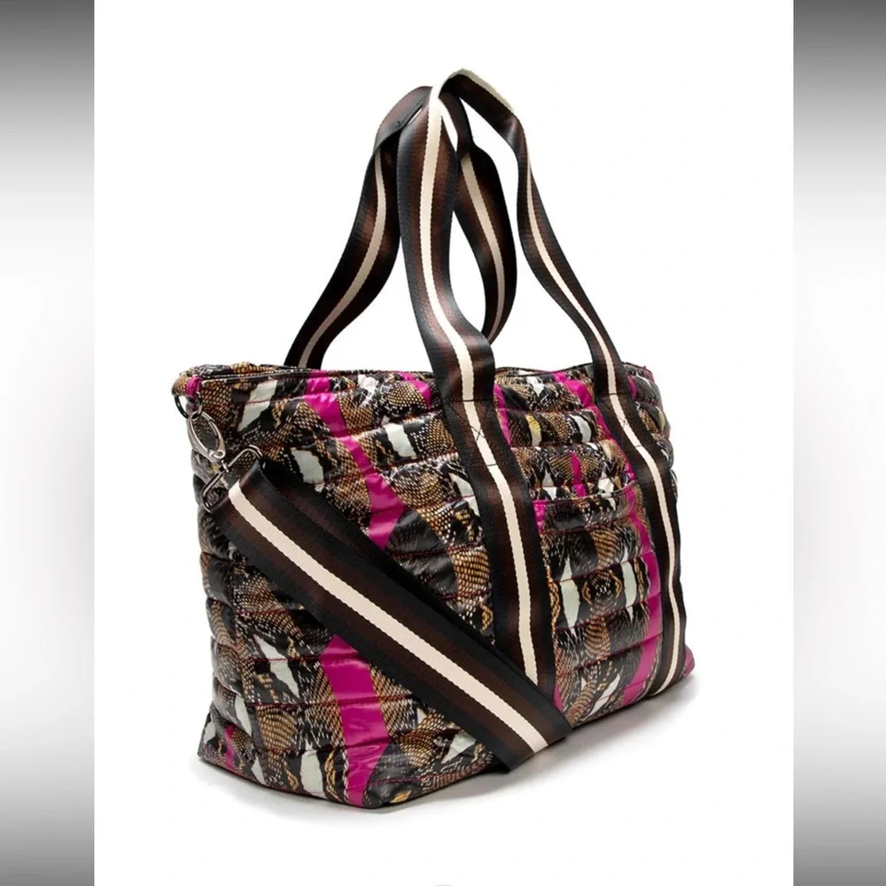 Think Royln Quilted Puffer Tote Bag Pink Black Brown Snake Print New (No Tags) - Picture 2 of 9